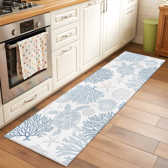 Blue Sea Turtle Area Rugs 2x6 for Kitchen Runner Rug, Coastal Coral Summer Beach Nautical Non Slip Washable Rug Runner, Low Pile Indoor Floor Carpet Mat Bathroom Rugs for Bedroom, Kids Room