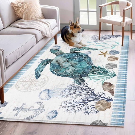 Blue Sea Turtle Area Rugs 3x5 ft Ocean Watercolor Blue Seastars Seaweed Corals Anchor Washable Rug Non Slip Indoor Carpet Absorbent Floor Mat for Living Room Bedroom Dining Room