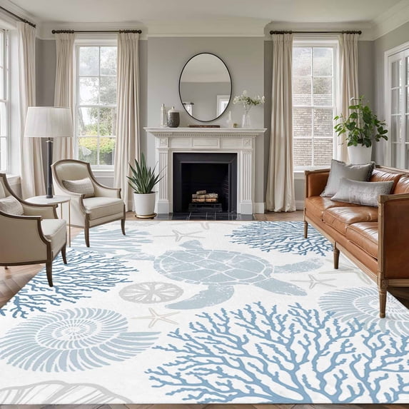 Blue Sea Turtle Area Rugs 5x7 for Living Room, Coastal Coral Summer Beach Nautical Non Slip Washable Rug Runner, Low Pile Indoor Floor Carpet Mat Bathroom Rugs for Bedroom, Kids Room