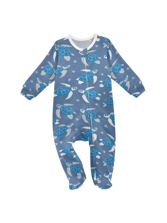 Blue Sea Turtle Baby One-Piece Footies Newborn Rompers Cotton Footed Outfit for Boys Girls 0-24 Months