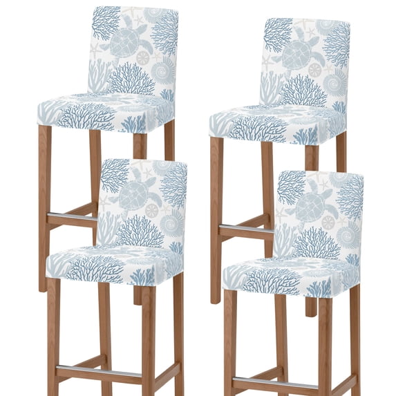 Blue Sea Turtle Bar Stool Cover Set of 4, Coastal Coral Summer Beach Nautical Stretch Bar Chair Cover, Removable Washable Pub Counter Stool Chair Slipcover for Kitchen Dining Room Pub Cafe