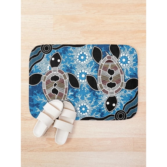Blue Sea Turtle Bath Mat, Aboriginal Art Style Floor Mat, Rectangular Bathroom Rug, 15.7 x 23.6 in or 19.7 x 31.5 in