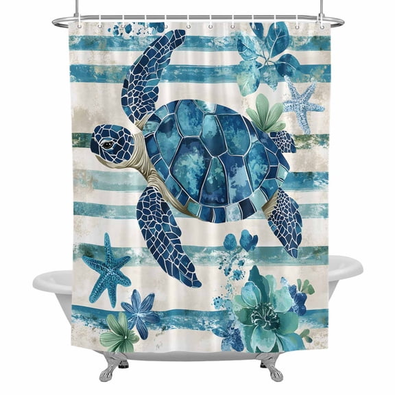 Blue Sea Turtle Bathroom Shower Curtain, Blue Floral Starfish Retro Striped Waterproof Washable Soft Bath Curtain for Bathtub Decor with 12 Hooks&Grommet, 60x72 Inch