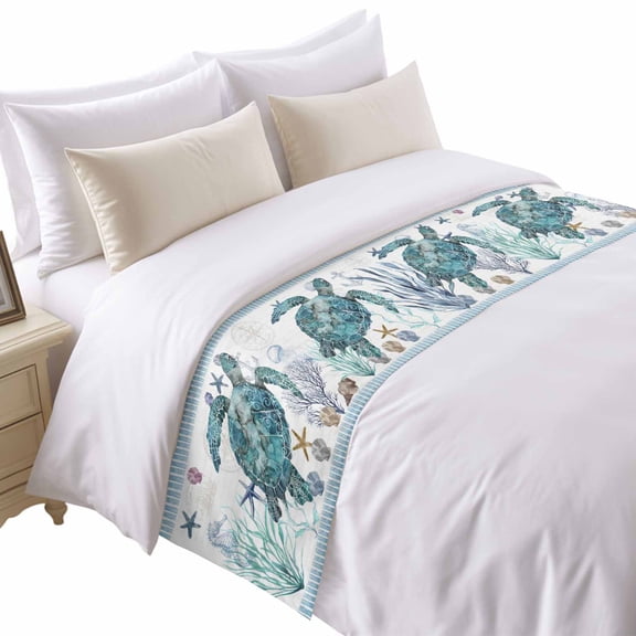 Blue Sea Turtle Bed Runner for Queen Size Bed, Ocean Watercolor Blue Seastars Seaweed Corals Anchor Soft Bedding Scarf Bedding Protector Slipcover Sofa Throw for Bedroom Hotel Guesthouse