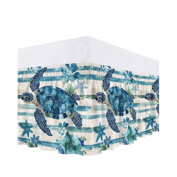 Blue Sea Turtle Bed Skirt Queen Size 16" Drop Blue Floral Starfish Retro Striped Ruffled Wrap Around Bed Skirts Adjustable Elastic Bedskirt Dust Ruffle for Queen Size Bed