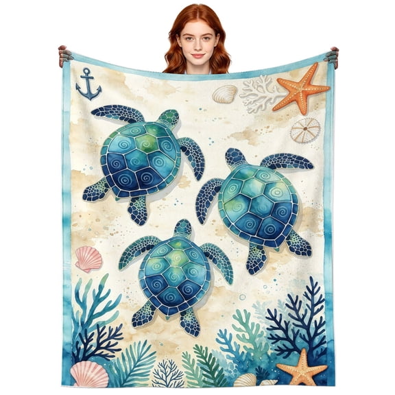 Blue Sea Turtle Blanket Gifts for Women Men Adults,Soft Warm Ocean Anchor Sea Turtles Throw Blankets for Travel Beach Home Decor Birthday Gifts 50x40 Inch
