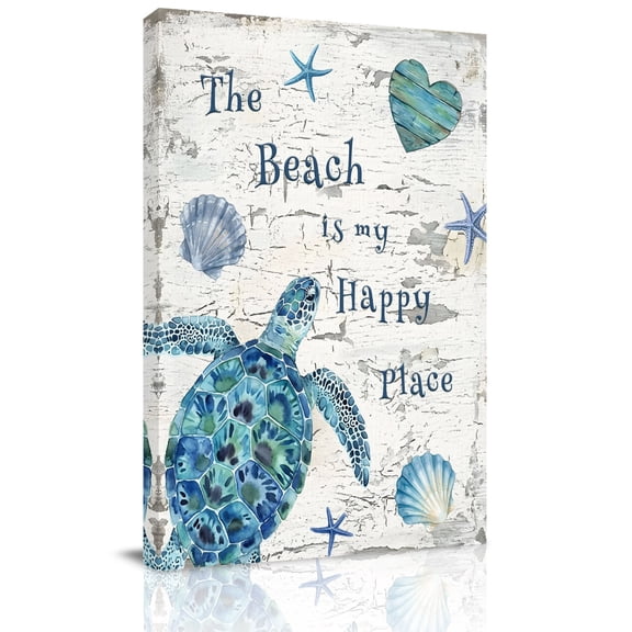 Blue Sea Turtle Canvas Wall Art for Living Room, Beach Happy Place Seashell Starfish Mottled Wall Texture Poster Print Painting for Bedroom Office Home Decoration Wall Pictures Prepare To Hang 8"x12"