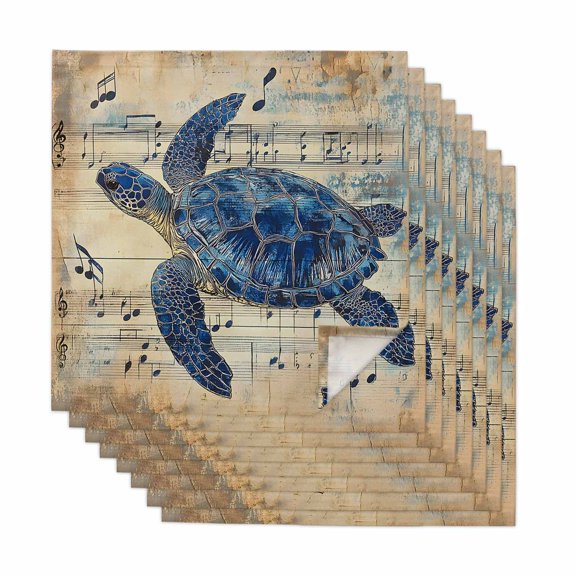 Blue Sea Turtle Cloth Napkins, Vintage Coastal Sheet Music Washable and Reusable Dinner Napkins Set of 8, Table Napkin for Kitchen Party Birthday Wedding Hotel Housewarming 20"x20"