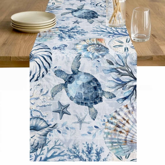 Blue Sea Turtle Coastal Cotton Linen Rectangle Table Runners 13
