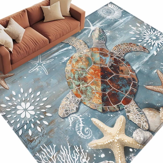 Blue Turtle Rug Blue Sea Turtle Coastal Large Area Rugs for Bedroom Living Room, Soft ...