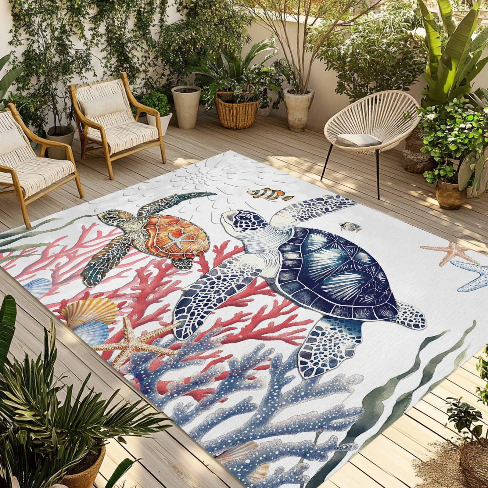 Turtle Rug Cream Blue Sea Turtle Coastal Outdoor Rug 4x6 Ft - Reversible Patio Rug ...