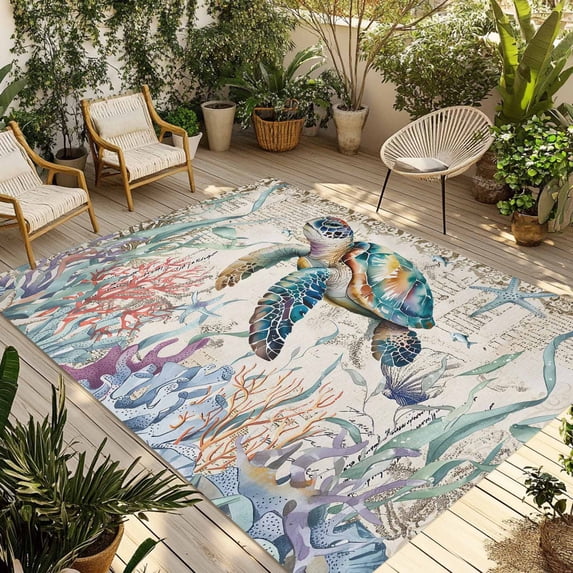Blue Sea Turtle Coastal Outdoor Rug 6x9 Ft - Reversible Patio Rug Outdoor Camping Rugs, Vintage Summer Beach Coral Ocean Indoor Outdoor Area Rugs, Non-Slip Outdoor Carpet Runner for Deck/Porch