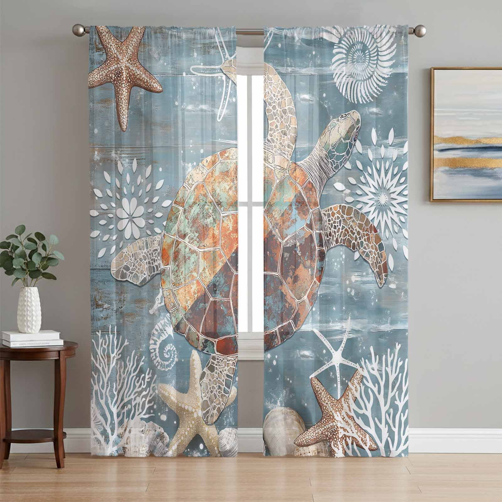 Blue Sea Turtle Coastal Semi Sheer Window Curtains 84 Inches Long ...