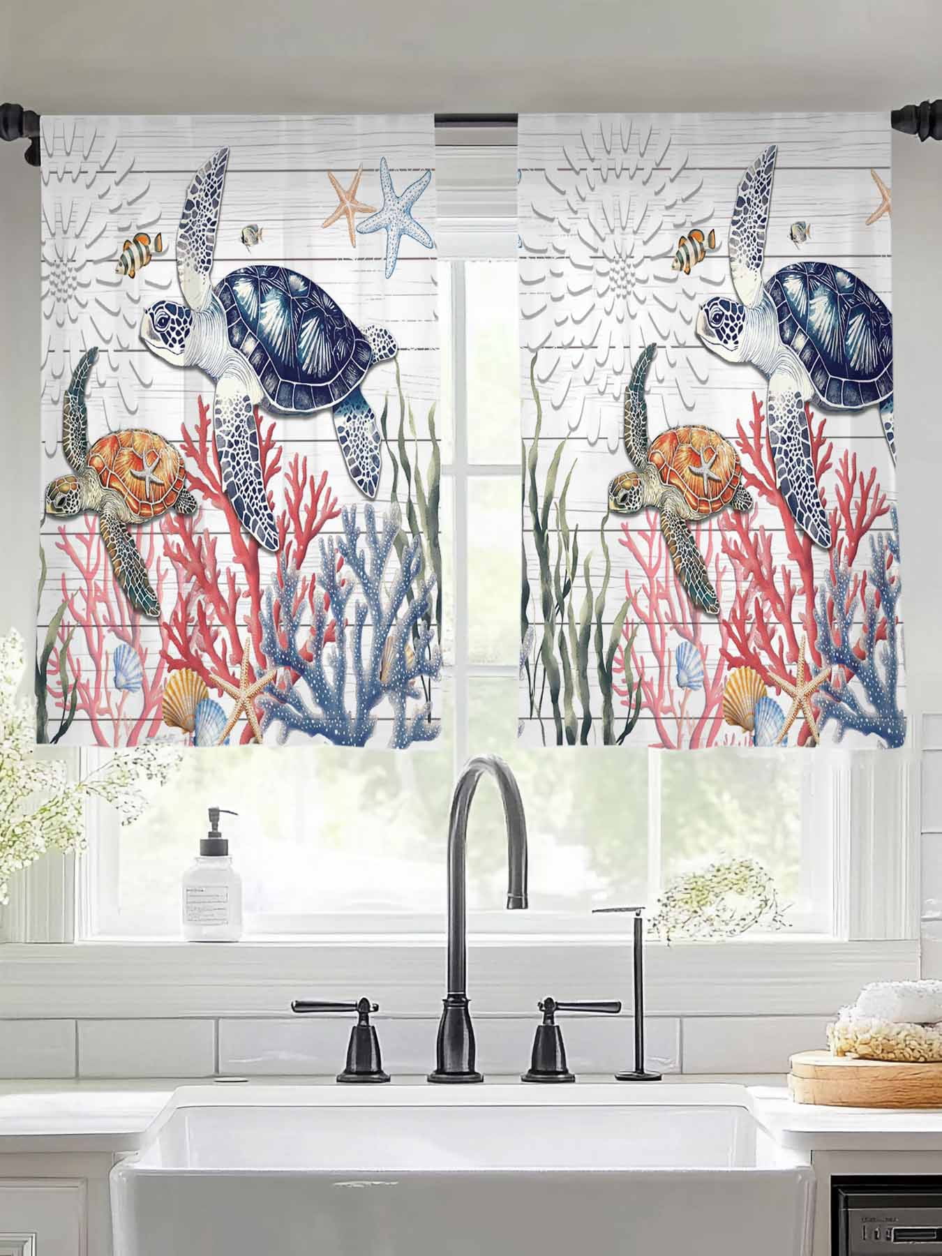 Blue Sea Turtle Coastal Sheer Curtains for Living Room Bedroom Summer