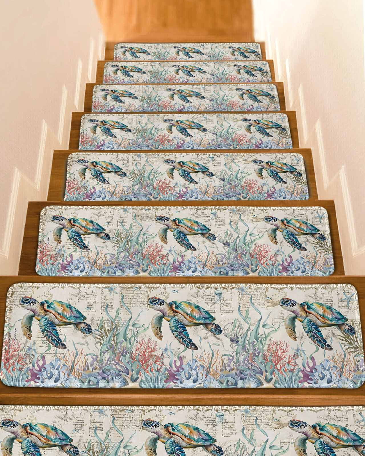Turtle Rug Runner Blue Sea Turtle Coastal Stair Treads for Wooden Steps Indoor Runner Rug ...