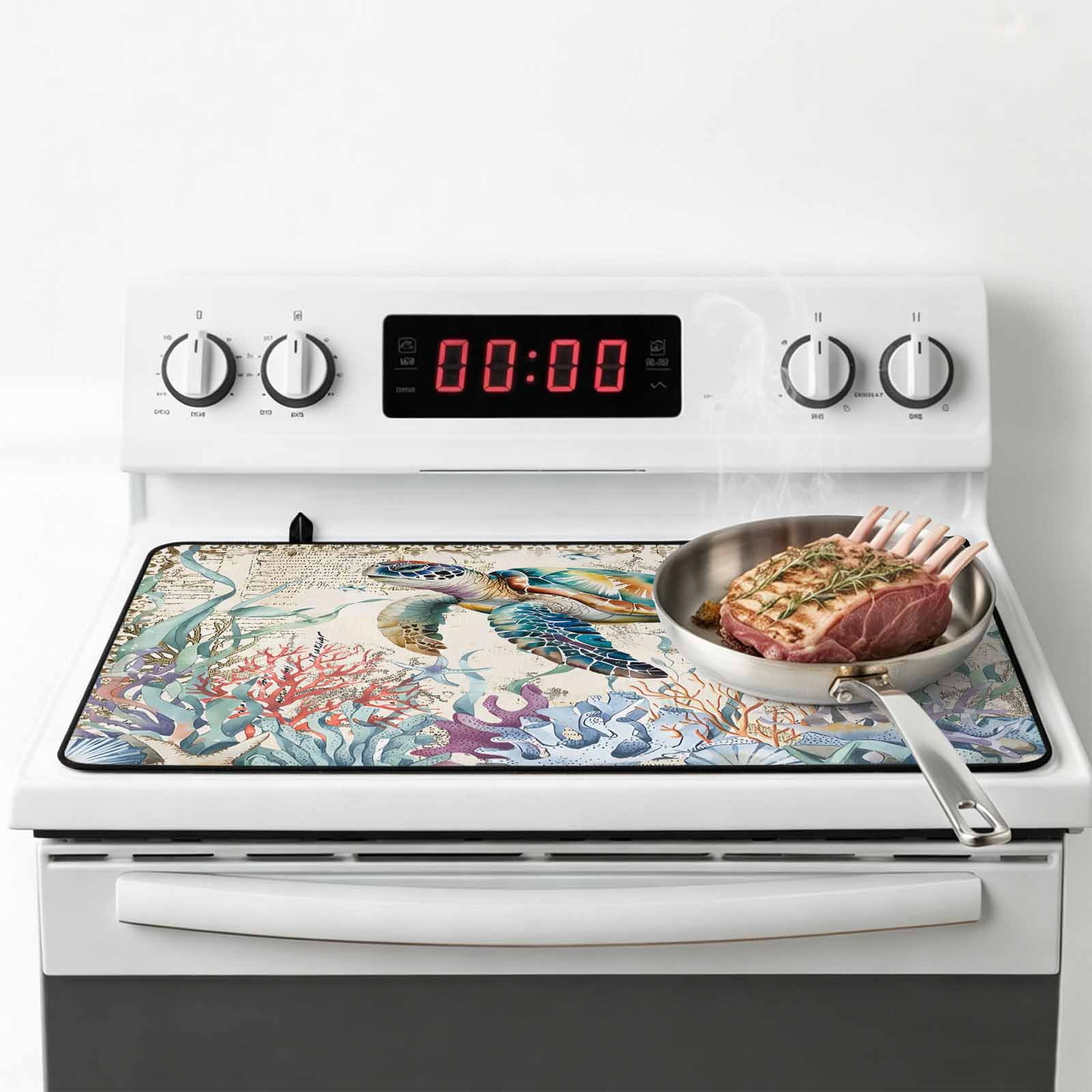 Blue Sea Turtle Coastal Stove Top Cover for Electric Stove, Heat-proof & Non Slip Glass Top Stove Cover Protector, Vintage Summer Beach Coral Ocean Kitchen Flat Cooktop Rubber Mat 24x21 Inches