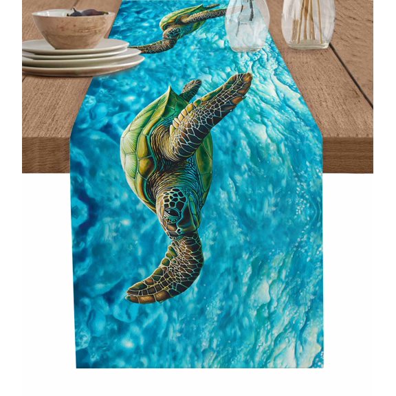 Blue Sea Turtle Coastal Table Runner 36 Inches, Nautical Summer Ocean Beach Bed Runner Dresser Scarves Tabletop for Indoor Outdoor Parties/Ceremony/Banquet, 13"x 36"
