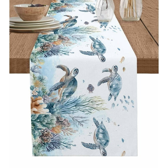 Blue Sea Turtle Coastal Table Runner Cotton Linen 72 Inch Holiday Dresser Scarves, Summer Beach Ocean Nautical Coral Tablerunner for Kitchen Coffee Dining Bedroom Dinner Scarf Décor 13''x72''