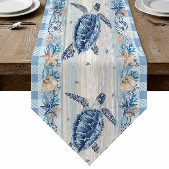 Blue Sea Turtle Coastal Table Runner Linen Burlap Table Runner 72 ...