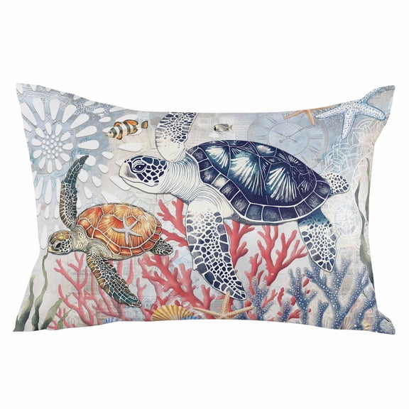 Blue Sea Turtle Coastal Throw Pillow Cover 24 x 36 Inch Decorative Pillow Cover Vintage Summer Beach Coral Shell Lumbar Pillowcase Seasonal Rectangle Cushion Case for Couch Sofa Bed Living Room
