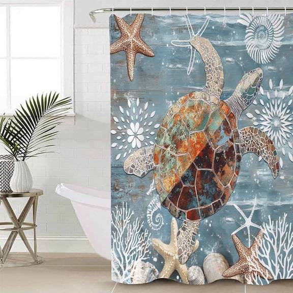 Blue Sea Turtle Coastal Waterproof Fabric Shower Curtain,Summer Beach Nautical Starfish Coral Shower Curtain for Bathroom Curtains Bathtubs Hotel Washable Shower Curtains with 12 Hooks Stall 48x72in