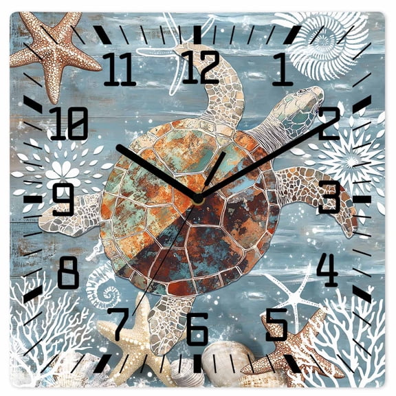 Blue Sea Turtle Coastal Wooden Wall Clock Silent Non Ticking, Summer Beach Nautical Starfish Coral Square Wall Clocks Battery Operated, Decor Clock for Home Office, Living Room, Kitchen, 10 Inch