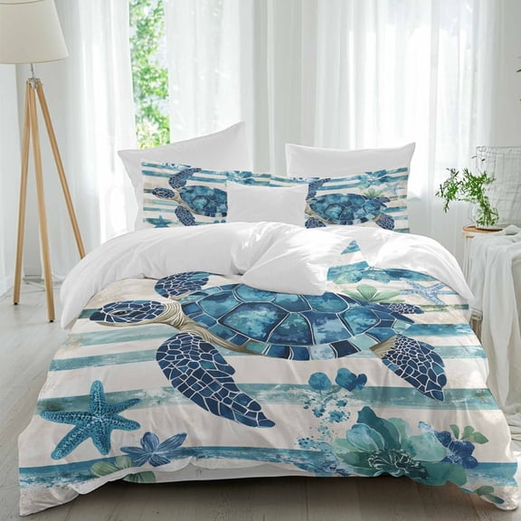 Blue Sea Turtle Comforter Set Queen Size, Blue Floral Starfish Retro Striped Soft Bedding Set for Man Woman, 4 Pieces Duvet Cover Set with Fitted Sheet, 2 Pillowcases