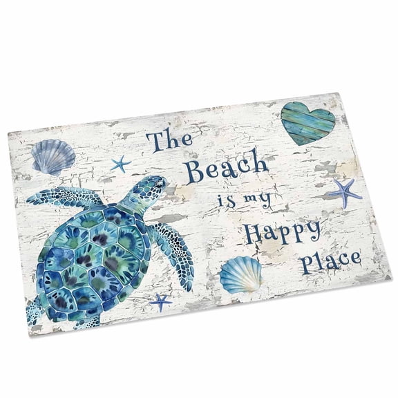 Blue Sea Turtle Door Mat 16x24 Inch Beach Happy Place Seashell Starfish Mottled Wall Texture Entryway Rug with Non-Slip Rubber, Front Door Mat Indoor Floor Mats for Living Room Bathroom Bedroom