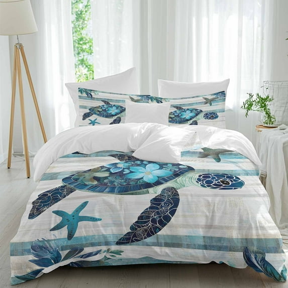 Blue Sea Turtle Duvet Cover Set Twin Size, Blue Floral Starfish 4 Piece Soft Microfiber Bedding Set with 1 Duvet Cover, 1 Flat Sheet, 2 Pillowcases