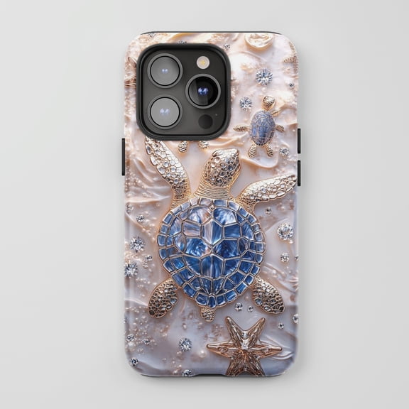 Blue Sea Turtle For iPhone Protective Phone Case Luxury Bling Gold Pearl White