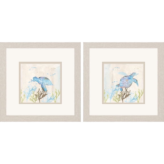 Jorcol Blue Sea Turtle Framed Wall Art, Set of 2, 11x11 in, Distressed whitewash Frame