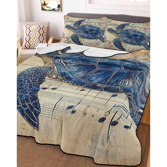 Blue Sea Turtle Full Size Down Alternative Comforter, Lightweight Comforter Quilt Bedding Set with Pillow Shams Vintage Coastal Sheet Music All Seasons Bed Comforter Duvet Insert 78"x90"