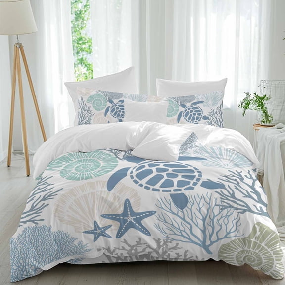 Blue Sea Turtle Full Size Comforter Set, Nautical Ocean Watercolor Green Shells Coral Starfish Bedding for All Seasons, 4 Pcs Bed Set, 1Quiltcover (86"x86") ,1Sheet(80"x116"), 2Pillowcases (30"x20")