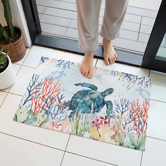 Blue Sea Turtle Indoor Door Mat 16x24 Inch Watercolor Rustic Red Blue Corals Green Seaweed Ocean Texture Front Door Mat Non Slip Washable Entryway Rug Low Profile Dirt Trapper Doormat for Bedroom