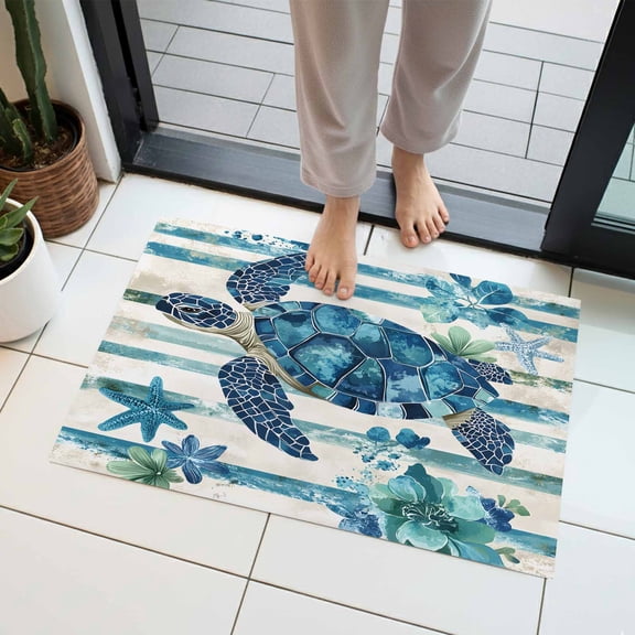 Blue Sea Turtle Indoor Door Mat 20x31.5 Inch Blue Floral Starfish Retro Striped Front Door Mat Non Slip Washable Entryway Rug Low Profile Dirt Trapper Doormat for Bathroom Kitchen Bedroom