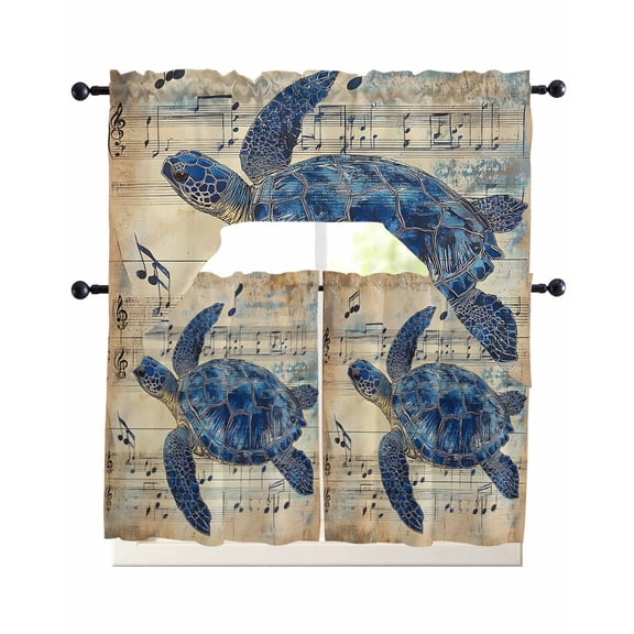 Blue Sea Turtle Kitchen Curtain and Valance Set 3 Pieces, Rod Pocket Short Tier Curtains 36 Inch Length, Vintage Coastal Sheet Music Swag Topper Small Window Treatment for Cafe Bathroom Bedroom