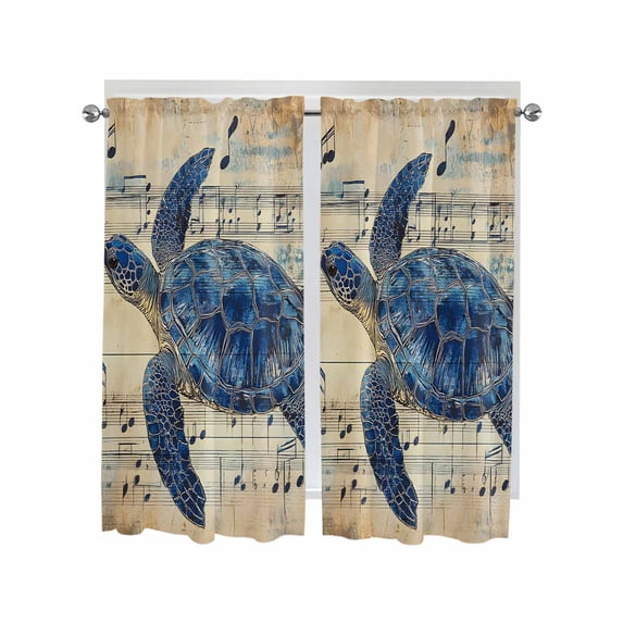 Blue Sea Turtle Kitchen Curtains 63 Inch Length, Vintage Coastal Sheet ...