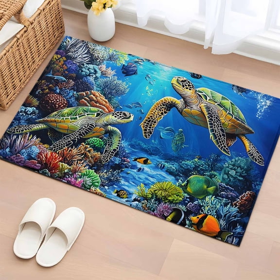 Blue Sea Turtle Ocean 2'x3' Washable Rug, Colorful Coral Sea Underwater Non-Slip Soft Doormat Area Rugs for Entrance Bathroom Bedsides, Front Doormat Carpet for Kitchen Bedroom, Entryway Floor Mat