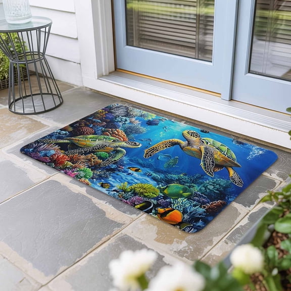 Blue Sea Turtle Ocean Door Mat Indoor Outdoor, Colorful Coral Sea Underwater Non Slip Welcome Mat with Rubber Backing, Absorbent Fabric Front Door Mats Entryway Rug for Home Patio Entrance 16"x24"