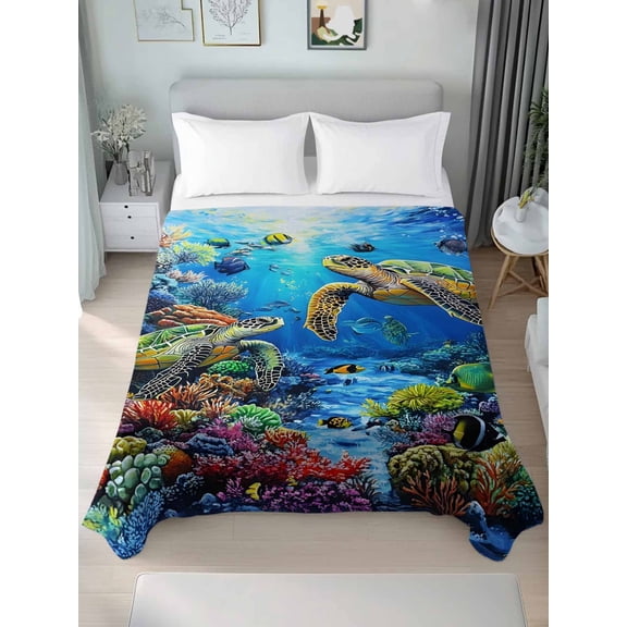 Blue Sea Turtle Ocean Full Size Flat Sheet, Wrinkleproof & Fadeproof Cooling Flat Bed Sheet Only, Colorful Coral Sea Underwater Breathable Soft Bedding Top Sheets 81 x 96 Inches