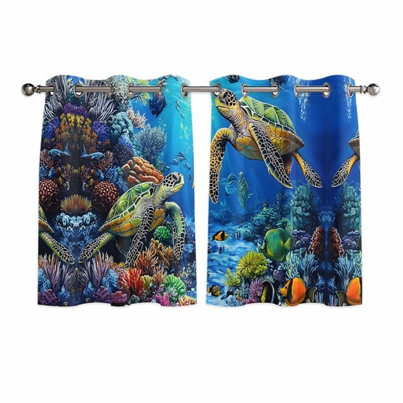 Blue Sea Turtle Ocean Kitchen Curtains Short 45 Inch Length, Colorful Coral Sea Underwater Grommet Top Bedroom Living Room Curtains, Light Filtering Cafe Curtain Drapes 2 Panels Set 84''x45''