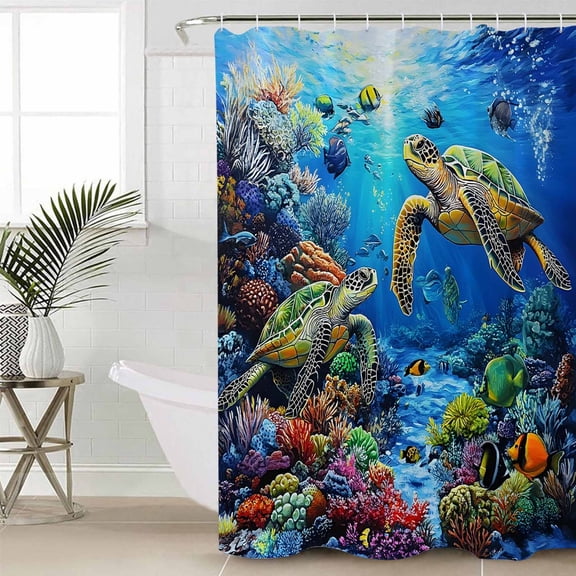 Blue Sea Turtle Ocean Long Shower Curtain Set, Waterproof Shower Curtains for Bathroom, Colorful Coral Sea Underwater Washable Fabric Cloth Bath Curtain for Bathtub Decoration with Hooks 72x84 Inches