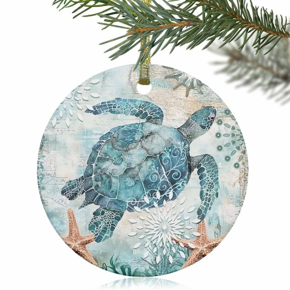 Blue Sea Turtle Ocean Starfish Christmas Ceramic Ornament 2025,3" Round Xmas Tree Hanging Accessories with Gold Ribbon