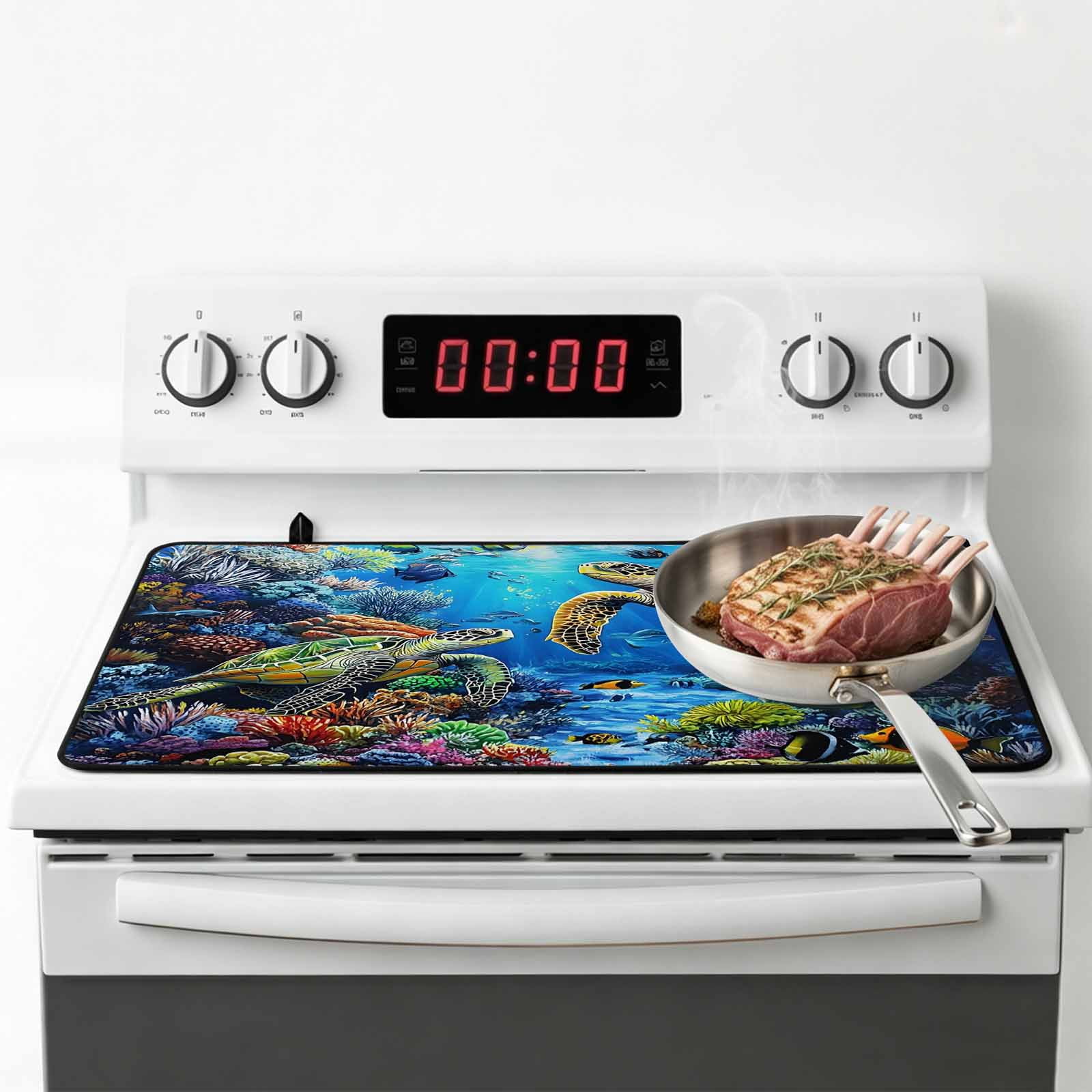 Blue Sea Turtle Ocean Stove Top Cover for Electric Stove, Heat-proof & Non Slip Glass Top Stove Cover Protector, Colorful Coral Sea Underwater Kitchen Flat Cooktop Rubber Mat 24x21 Inches