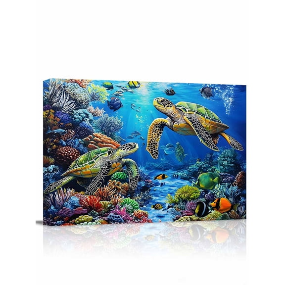 Blue Sea Turtle Ocean Wall Art for Living Room,Canvas Picture Wall Decor for Bathroom Bedroom,Colorful Coral Sea Underwater Painting Artwork for Office Kitchen Hallway Dining Room Home Decor 12"x16"