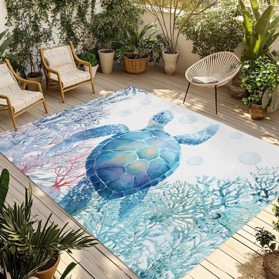 Blue Sea Turtle Outdoor Rug for Patio/Deck/Porch, Non-Slip Large Area Rug 5 x 7 Ft, Summer Coastal Coral Ocean Indoor Outdoor Rugs Washable Area Rugs, Reversible Camping Rug Carpet Runner