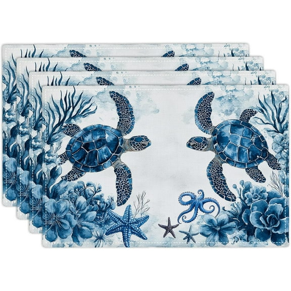 Blue Sea Turtle Placemats Set of 4, Ocean Table Mats Washable Place Mats for Farmhouse Home Party Kitchen Dining Indoor Outdoor Restaurants 12x18 Inch