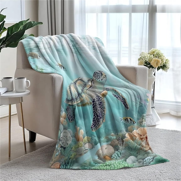 Blue Sea Turtle Print Fleece Throw Blanket, 30x40 Inch Soft Plush, All-Season Cozy Warm Blanket for Couch, Bed, Sofa