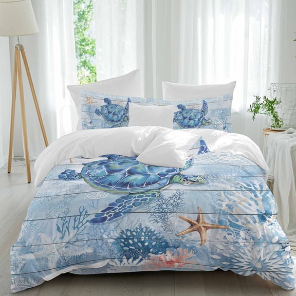 Blue Sea Turtle Queen Size Comforter Set, Ocean Coral Starfish Vintage Blue Plank Bedding for All Seasons, 4 Pcs Bed Set, 1Quiltcover (90"x92") ,1Sheet(94"x116"), 2Pillowcases (30"x20")