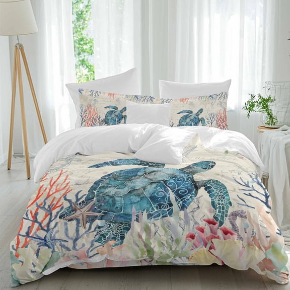 Blue Sea Turtle Queen Size Comforter Set, Rustic Red Blue Corals Green Seaweed Linen Texture Bedding for All Seasons, 4 Pcs Bed Set, 1Quiltcover (90"x92") ,1Sheet(94"x116"), 2Pillowcases (30"x20")